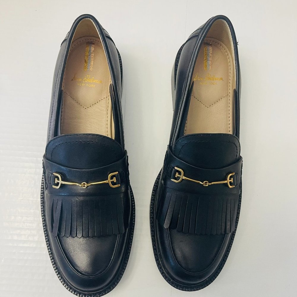 Sam Edelman Womens Cammi Black Leather Fringe Slip On Loafer Heels Shoes size 9